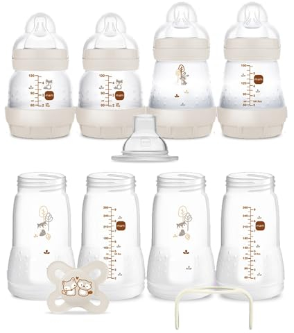 MAM, Set Recién Nacido, Set Regalo: 2 Biberones Anticólico de 130ml, 2 Biberones Anticólico de 160ml, 4 Cuerpos de Biberón 260ml, 1 Chupete Original, 1 Asas, 1 Boquilla, a partir de 0 meses, Neutro