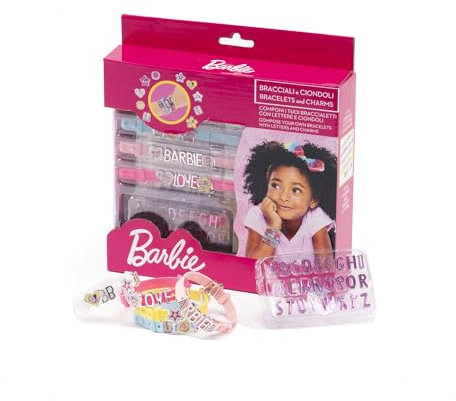 ODS - Barbie Bijoux Collection, Confezione con 5 Braccialetti con Ciondoli e Lettere Componibili, Kit Braccialetti Fai da Te Bambina, Età Consigliata +3 Anni