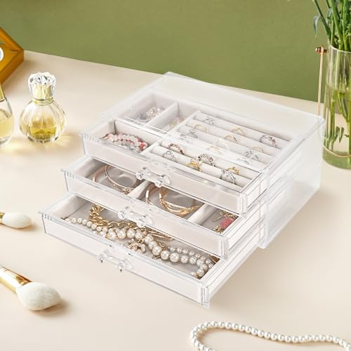 Hawthyhome Acrylic Schmuckkästchen mit 3 Schubladen, Schmuck Box Schmuck Organiser, Klare Acrylic Speicher Organiser Schmuck Halter Ohrring Display Case für Ohrringe Ringe Armbänder Halsketten