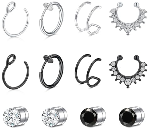 JFORYOU 12 Pieces Stainless Steel Fake Nose Ring Hoop No Pierced False Septum Tragus Ohr Lip Ringe Earrings Silver Black Piercing Jewelry