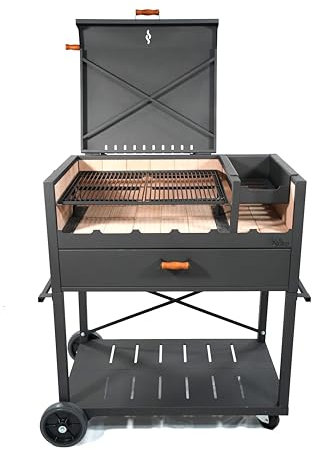 Barbecue di carbonio Delta Premium Argentina Outdoor con coperchio, custodia, pala, attizzatoio e ruote, colore nero, 124 x 115 x 60 cm