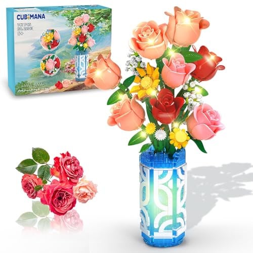 CUBIMANA Set di bouquet di fiori con vaso e luce LED, 14 mini rose di fiori botanici da costruzione, regalo per San Valentino per lei e lui, rose artificiali fai da te, decorazione per casa e ufficio