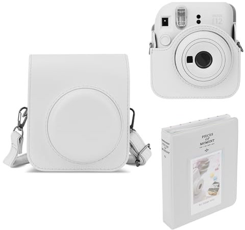Mumlicha PU Leder Kameratasche und 64 Taschen Fotoalbum kompatibel mit Fujifilm Instax Mini 12 Sofortbildkamera, Mini 12 Schutzhülle mit Verstellbarem Schultergurt (Weiß)