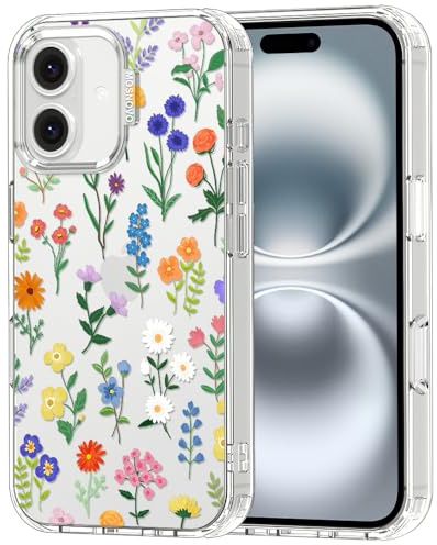 MOSNOVO Case for iPhone 16, [Buffertech 6.6ft Military-Grade Drop Protection] [Anti Peel Off Tech] Clear TPU Bumper Phone Case Cover Design - Botanical Floral