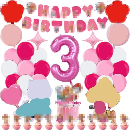 Geburtstag deko 3 Jahre, Rosa Dog Luftballon Kindergeburtstag Deko Geburtstag, Kinder Party Deko, Tortendeko, Happy Birthday Banner für Mädchen, Kinder, Thema Party