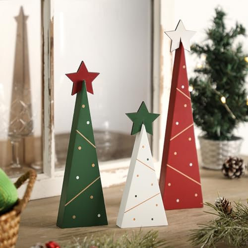 Amorita Decoración rústica de Navidad, 3 piezas de árboles de Navidad de madera, decoración de mesa, árbol de madera independiente, bandeja rústica escalonada para decoración del hogar de Navidad