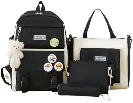Generisch 4-teiliges Teenager-Rucksack-Set – Damen Laptop Rucksack, Kawaii Canvas Schulrucksack für Mädchen, Kinder, und Studenten (Schwarz)