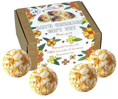 Bomb Cosmetics Ringelblumen-Badesahne Geschenkset, handgefertigt & natürlich, hergestellt mit Kakao & Sheabutter & echten Ringelblumenblättern, reinen ätherischen Ölen, plastikfrei