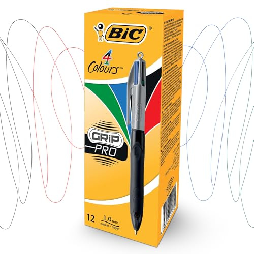 BIC Lot de 12 stylos professionnels 4 couleurs d'encre avec corps en plastique de 1 mm pour écriture lisse avec clip et trou pour cordon pour étudiants et professionnels