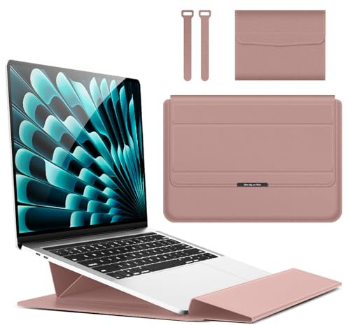 Hinnwer 13 14 Inch Laptop Sleeve Case for MacBook Air 13 M3/M2/M1 A3113 A2681 A2337, MacBook Pro 14 M4/M4 Pro/M4 Max A3112 A3401 A3185 A2992 A2918 A2779 Adjustable Stand Sleeve Pouch Rose Gold