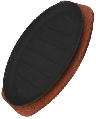 Akozon Plaque de Grill Teppanyaki de 12 Pouces avec Base en Bois et Pinces - Poêle à Barbecue en Fonte pour Steaks, Poissons et Grillades - Parfaite pour la Cuisine à la Maison