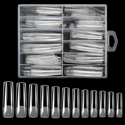 Gel Nail Kit Acrylic Nail Tips, 240 Pcs 12 Sizes Full Cover False Tapered Long Clear Square Fake Press on Art Gel X Nails Tip Extensions Set for Manicure Salon DIY (White2, Extra Long)