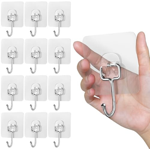 GXFCING Grandi Gancio Adesivo, 12 Pezzi Autoadesivi Ganci Adesivi Trasparenti 15 KG (Max), Ganci da Parete Adesivi Senza Chiodi per Bagno, Cucina, Soffitto, Ufficio