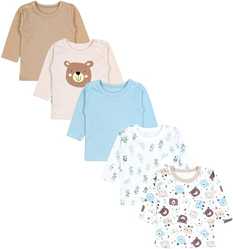TupTam Baby Jungen Langarmshirt Gestreift 5er Set, Farbe: Bärchen Blätter Beige Eisberg, Größe: 86
