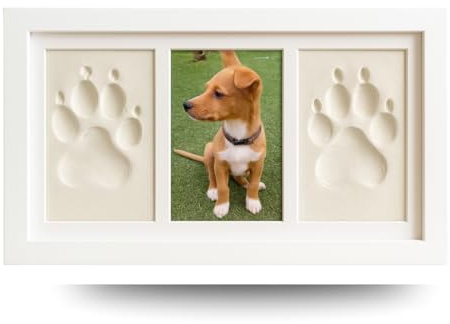 BUDYX. Marco para Huellas de Mascota (Perro, Gato) con Foto. Kit de Impresión de Arcilla Blanca. Caja Regalo con paspartus de Colores.Recuerdo Personalizado para Perros y Gatos. Regalo Cumpleaños