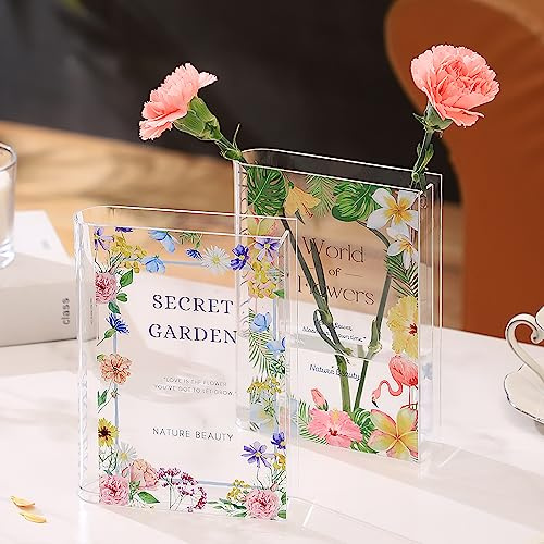 KRYSTHIA Buchvase-Set aus 2 Stück, Buchvase für Blumen, Acryl-Buchförmige Vasen für Tulpen, Einzigartige Kleine Vasen, Modernes Buchliebhaber-Geschenk für Büro, Wohnzimmer, Schlafzimmer, Bücherregal