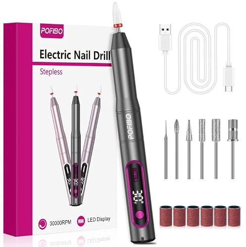 POFIBO Electric Nail Drill 30000RPM, Electric Nail File with LCD Display | USB-C Powered 30000RPM Nail Drill Machine with LCD Display, Stable Performance for Acrylic & Gel Nails, Manicure Kit