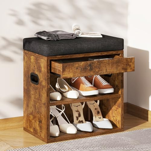 YMYNY Small Shoe Storage Bench with Cushion & Drawer, Rustic Brown HSC002H | 2 Tier Adjustable Shoe Bench Storage with Seat, Wooden Shoe Rack Bench for Entryway, Living Room, Hallway, Closet, Bedroom