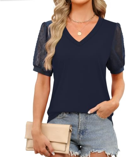 Elesomo Women's V Neck Tops Short Sheer Sleeve T-Shirt Ladies Tunic Blouse Shirts, Navy Blue XL