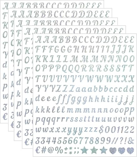 Nymora 5 Sheets Decorative Alphabet 1000 PCS Decals Glitter Script Letters Vinyl Self Adhesive for Wall Decor, Mirrors, Bottles, Laptops, Greeting Cards, Journals, Scrapbooking（Silver）