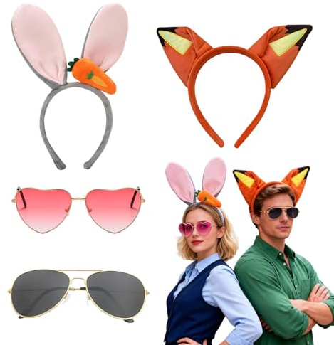 RAOPNHS 4 Stück Hasenohren Haarreif & Fuchs Ohren Set - Hasenohren Grau mit Sonnenbrillen für Karneval Kostüm Damen & Herren, Tierohren Stirnband Accessoires für Fasching, Halloween & Mottoparty