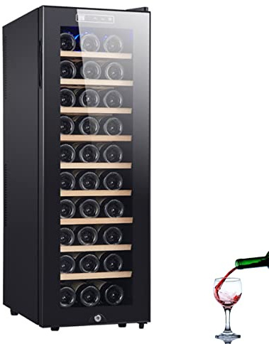 Wine Cooler Refrigerator with Touch Control, 90L Capacity, Dual Temperature Zones 11-18°C, Glass Door, Holds 18-30 Bottles