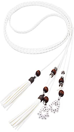 Ceinture Tricotée Fine en Cuir PU avec Franges et Perles Accessoire Rétro pour Femmes (blanc)