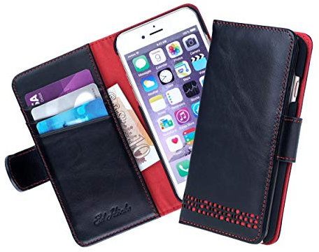 Ed Hicks Black Leather Wallet Phone Case for iPhone SE 2022-2020-8-7— Premium Genuine Leather Flip Case with Card Holder Slots— Viewing Stand— Biodegradable Holder— Vintage Patina with Red Details