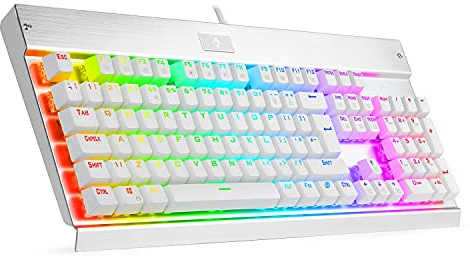 EagleTec KG010 Pro Mechanical Keyboard RGB LED Backlit with Brown Switches Wired 104 Keys for Windows PC Gaming and Office, UK QWERTY (White)