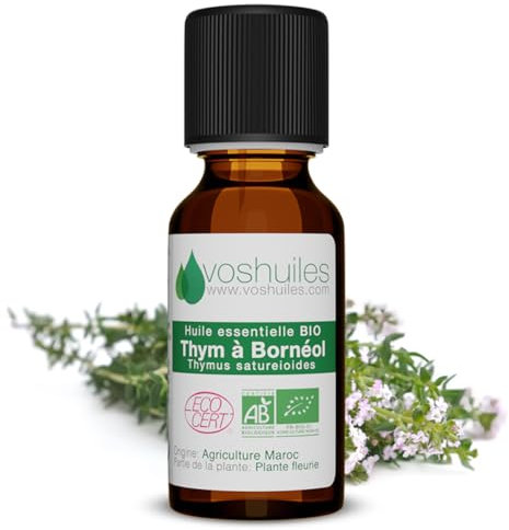 Huile Essentielle BIO de Thym à Bornéol 100% Pure et Naturelle - HEBBD et ECOCERT - Huile Essentielle aux Nombreuses Vertus et Applications 10ml - VOSHUILES
