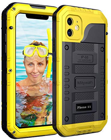 Mitywah Waterproof Case for iPhone 11, Heavy Duty Military Grade Shockproof Cover Built-in Screen Protection, Metal Case Full Body Dustproof Strong Rugged Thick for iPhone 11, Yellow