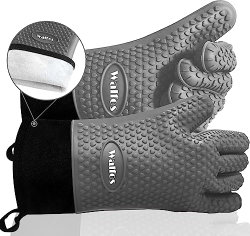 Oven Mitts - Walfos Heat Resistant Silicone Oven Gloves, Extra Long Non-Slip Silicone and Soft Internal Cotton Lining, Flexible and Waterproof - Great for Baking, Cooking and Grilling (gray)