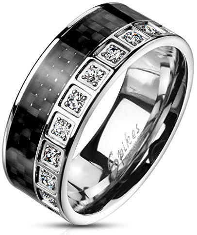 Paula & Fritz® Ring Damen Carbon-Inlay Zirkonia 316L Chirurgenstahl Gr. 67 (21,3) Silber/Schwarz Damen-Ring Partnerring Herren-Ring Freundschaftsring