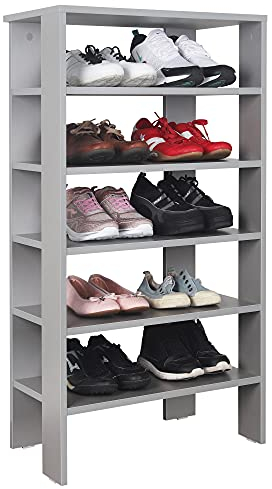 RICOO Schuhregal schmal und hoch 105x60x32cm Standregal Pressholz Grau WM041-PL, Schuhständer mit 6 Ebenen, Schuhschrank offen, Schuhablagen Flur Shoe Rack, Standregal klein, Schuhregale