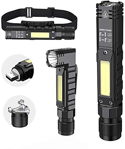 Lampe torche tactique portable 800 lumens rechargeable par USB, rotation à 90 degrés, queue magnétique, lampe torche LED étanche IPX4 5 modes, lampe de travail COB pour camping, extérieur, lecture