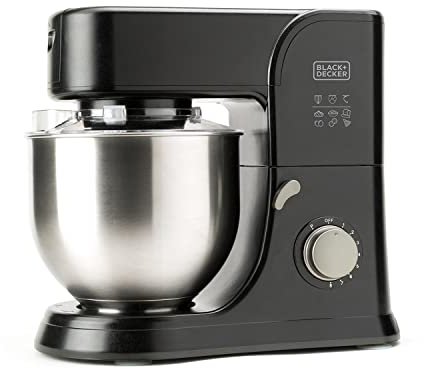BLACK+DECKER BXKM1001E - Batidora amasadora, 1000W, 8 velocidades, Turbo, giro planetario, fácil limpieza, acero inoxidable, negro