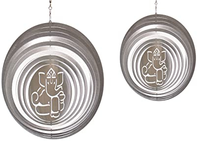 Illumino Edelstahl Windspiel Ganesha 2er Set Metall Windspiel für Garten und Wohnung Gartendeko Wohn und Fenster Deko