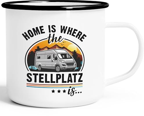 Moonworks® Emaille-Tasse Camping Home is where the Stellplatz is Geschenke für Camper Wohnmobil Spruch lustig emaille-weiß-schwarz standard