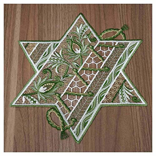 DSD Design-Studio Drechsler Winter-Tischdecke Sternentraum Plauener Spitze modernes Deckchen Stern mit Ornamenten Tischdeko Advent grün-Gold