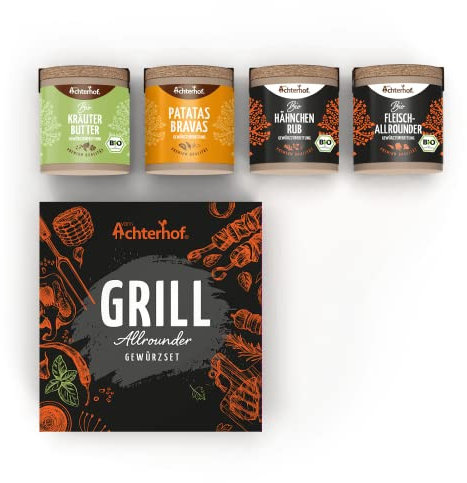 Grill Allrounder Gewürzset | Hähnchen Rub Bio, Kräuterbutter Bio, Fleischallrounder Bio & Patatas Bravas Gewürzzubereitung | Gewürzset ideal zum Verschenken | vom Achterhof