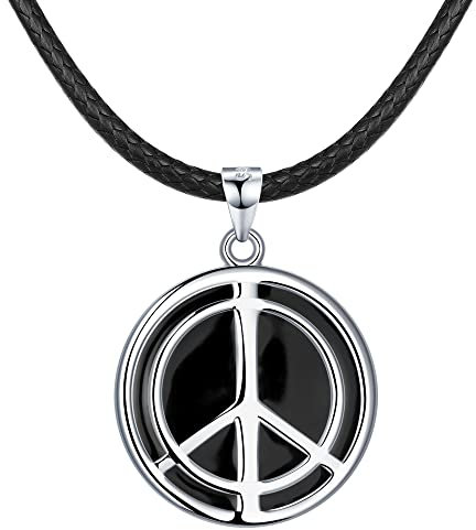 REIOT Collana della Pace da Uomo, Ciondolo con Segno di Pace con Catena in Corda in Pelle Finta, Collana in Stile Hippie Anni '60 e '70