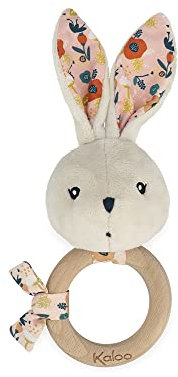 KALOO - K'doux - Hochet Bébé - Anneau en Bois FSC - Peluche Lapin avec Papier Bruissant - Aide au Développement - Stimule Les Sens - Motif Coquelicot - Dès La Naissance, K216002