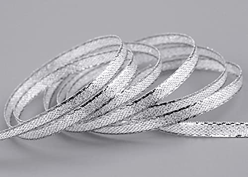 50 m x 5 mm Brokatband AMADEUS SILBER Schleifenband mit Webkanten Metallic Dekoband Geschenkband glänzend Brokat Lurex Hochzeit Weihnachten Basteln Deko Band Lurexband Weihnachtsband