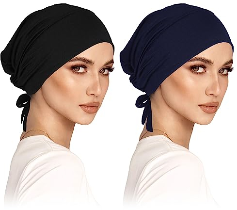 2er Pack Kopftuch Damen Hijab Undercap Hijab Cap Hijab Kopftuch Klassische Slouch Beanie Mütze Islamische Muslimische mit Tie Back Solid Color Hijab Mütze Kopfbedeckung Chemo Kopftuch Schlafmütze
