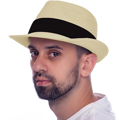HEYANN Chapeau de Paille Homme Panama pour Homme et Femme en Trilby Fedora Chapeau Panama avec Ruban en Tissu Roll Up Chapeau d'été, Beige, L