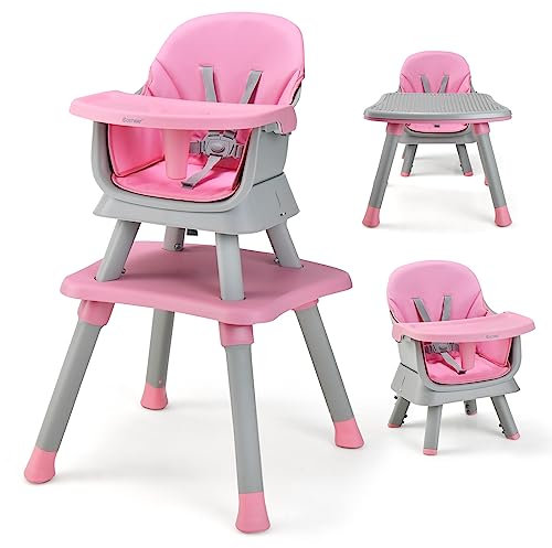 RELAX4LIFE 6 in 1 Seggiolone Pappa, Seggiolone Multfunzionale e Evolutivo con Imbracatura a 5 Punti, Vassoio Rimovibile e Regolabile, Tavolino e Sedia, per Neonati e Bambini 6-36Mesi, 25KG (Rosa)