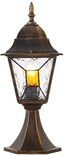 Lightbox Außen Sockellampe mit 44 cm Höhe - Vintage Outdoor Wegeleuchte mit edlem Regenschutz aus Glas - spritzwassergeschützt (IP44) - E27, max. 60 W - aus Metall/Glas - in Schwarz Goldfarben