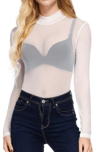 Womens Sheer Mesh Tops Shirts, Long Sleeve Mock Neck See-Through Slim Ladies Blouse T-Shirt Clubwear, White, XXL