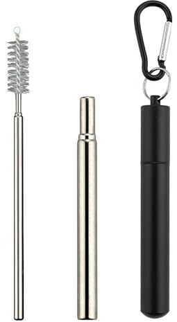 Reusable Drinking Straw Stainless Steel Collapsible Straws with Case and Cleaning Brush Portable Metal Telescopic Drinking Straw Food Grade Metal Straws Drinking for Home Travel - Black