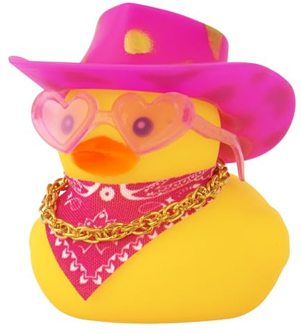 wonuu Auto Gummi Cowboy Ente Gelbe Enten Dekoration Armaturenbrett mit Cowboyhut Halskette Sonnenbrille Gold Punkte Rosa